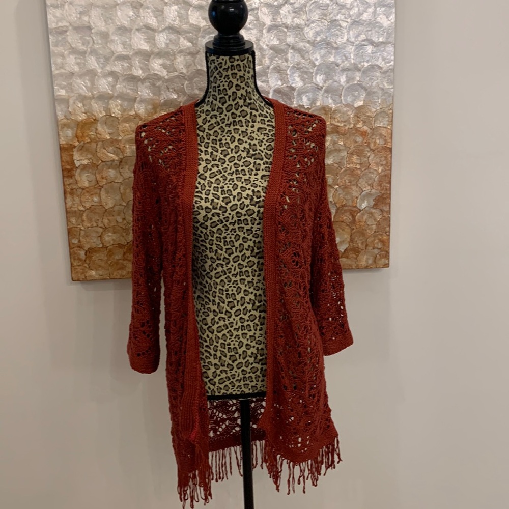 Curations wine crochet open front 3/4 sleeves